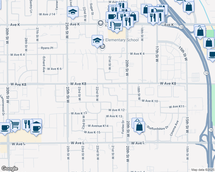 map of restaurants, bars, coffee shops, grocery stores, and more near 2145 Limewood Lane in Lancaster