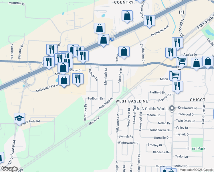 map of restaurants, bars, coffee shops, grocery stores, and more near 9115 Merrivale Drive in Little Rock