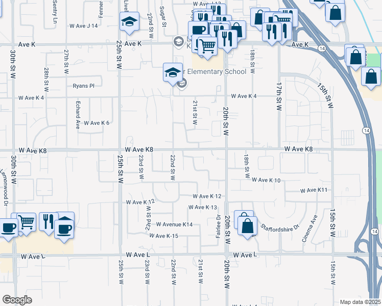 map of restaurants, bars, coffee shops, grocery stores, and more near 2145 Limewood Lane in Lancaster