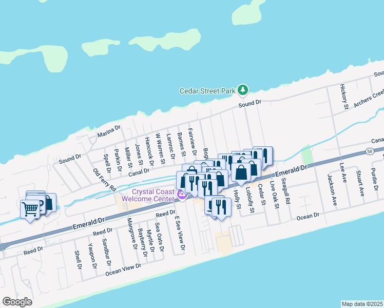 map of restaurants, bars, coffee shops, grocery stores, and more near 305 Fairview Drive in Emerald Isle
