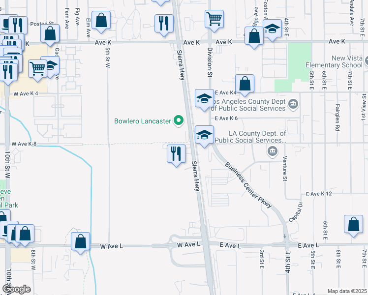 map of restaurants, bars, coffee shops, grocery stores, and more near Sierra Highway in Lancaster