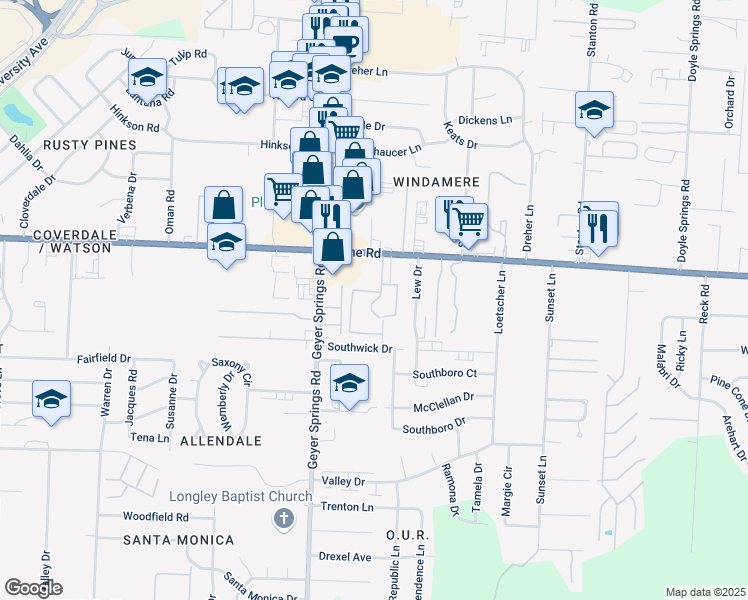 map of restaurants, bars, coffee shops, grocery stores, and more near 5813 Baseline Road in Little Rock