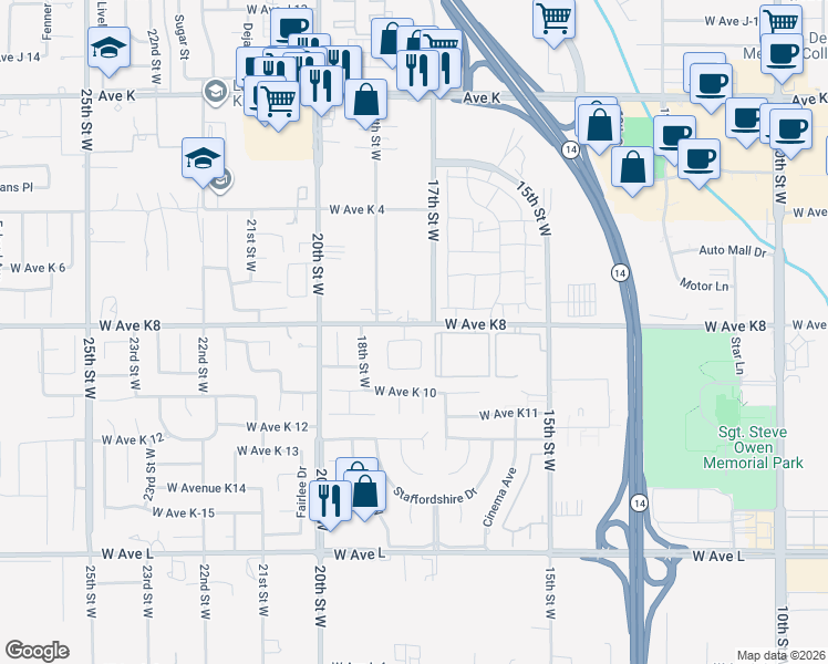 map of restaurants, bars, coffee shops, grocery stores, and more near 1721 Viridan Avenue in Lancaster