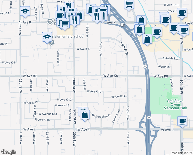 map of restaurants, bars, coffee shops, grocery stores, and more near 1721 Viridan Avenue in Lancaster