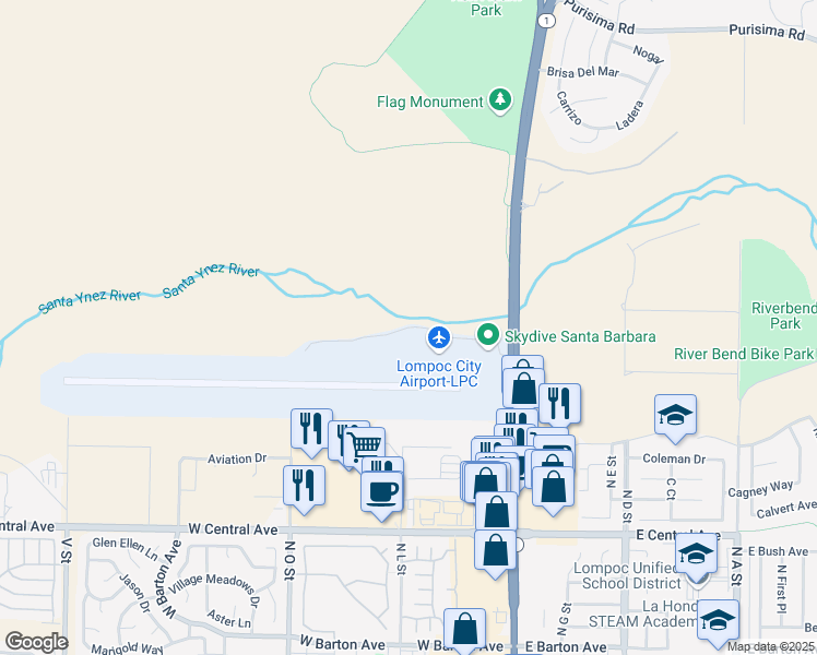 map of restaurants, bars, coffee shops, grocery stores, and more near George Miller Drive in Lompoc