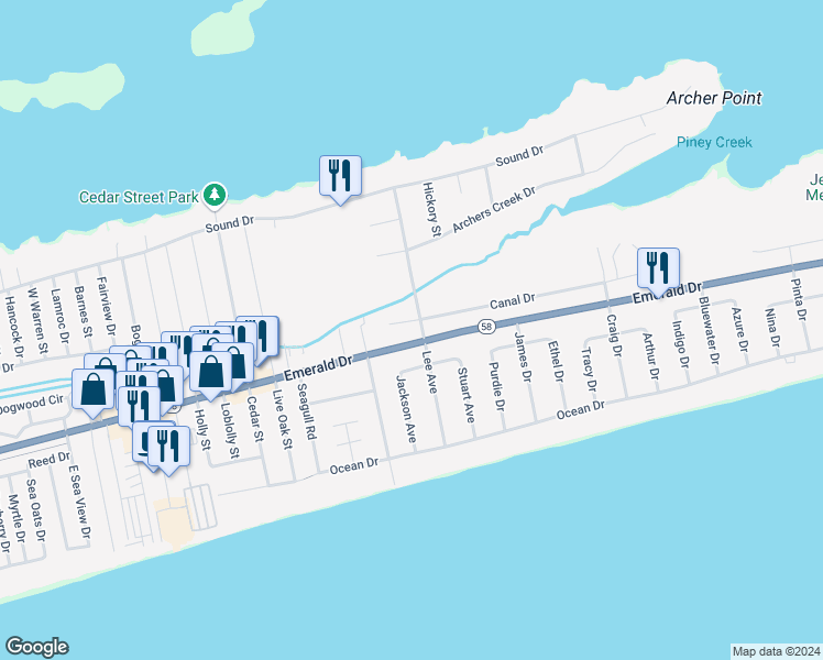 map of restaurants, bars, coffee shops, grocery stores, and more near 7403 Canal Court in Emerald Isle