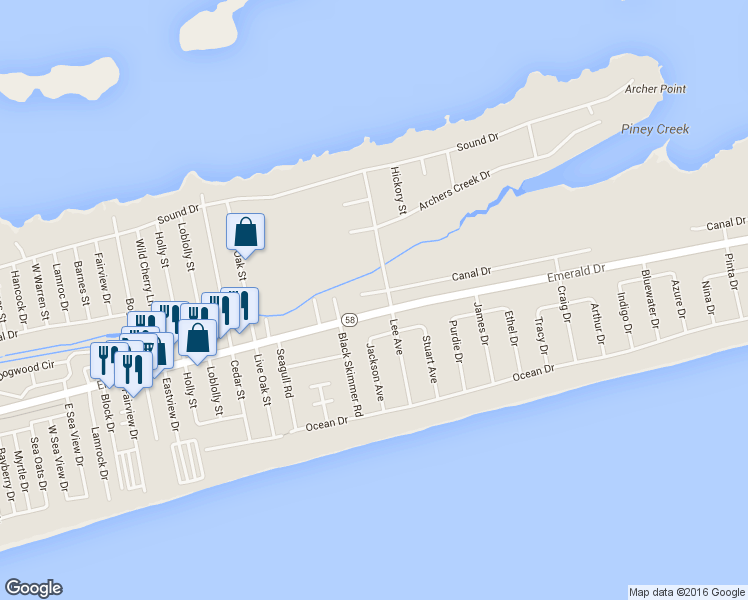 map of restaurants, bars, coffee shops, grocery stores, and more near 7405 Canal Court in Emerald Isle