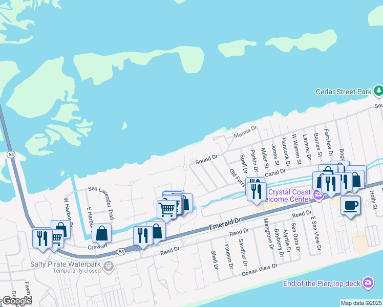 map of restaurants, bars, coffee shops, grocery stores, and more near 8630 Sound Drive in Emerald Isle