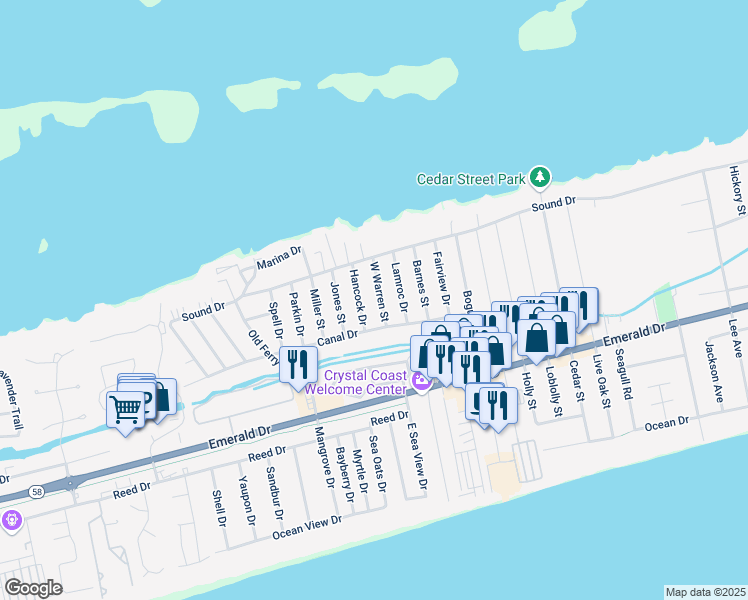 map of restaurants, bars, coffee shops, grocery stores, and more near 309 West Warren Street in Emerald Isle
