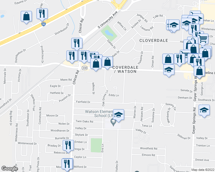 map of restaurants, bars, coffee shops, grocery stores, and more near 9115 Oak Grove Lane in Little Rock