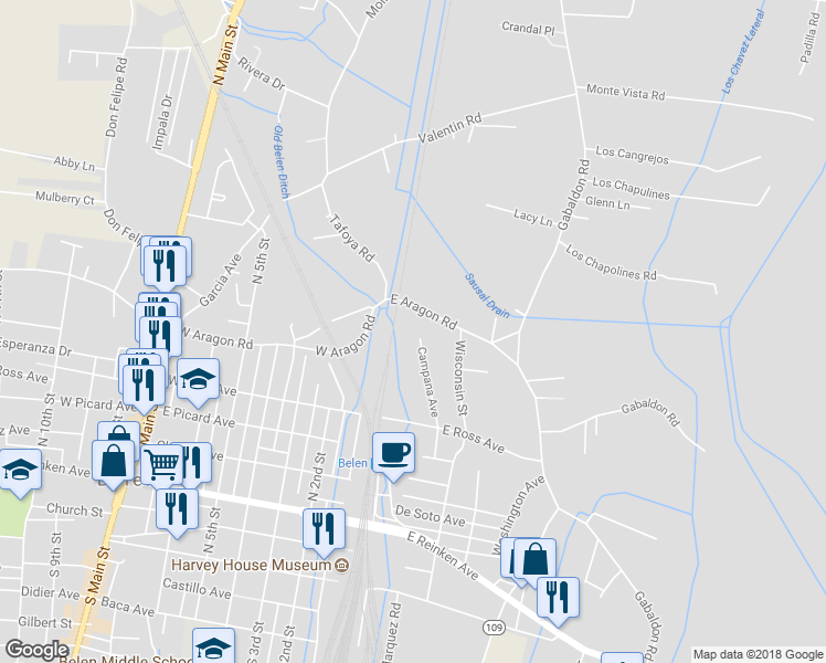 map of restaurants, bars, coffee shops, grocery stores, and more near 630 Campana Avenue in Belen