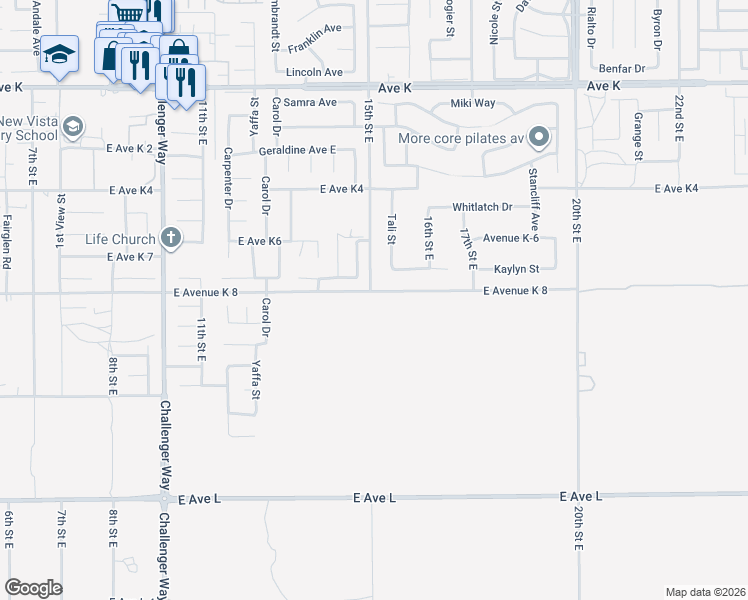 map of restaurants, bars, coffee shops, grocery stores, and more near 2 East Avenue K 8 in Lancaster