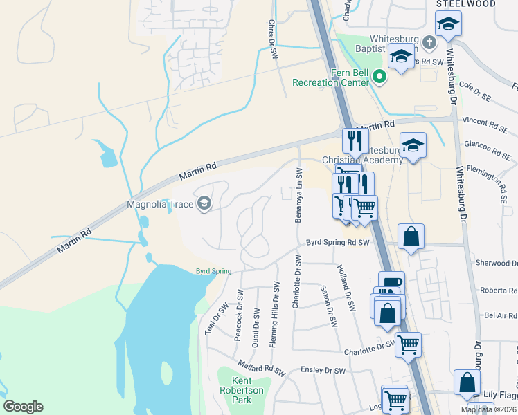 map of restaurants, bars, coffee shops, grocery stores, and more near 2117 Greenwood Place Southwest in Huntsville