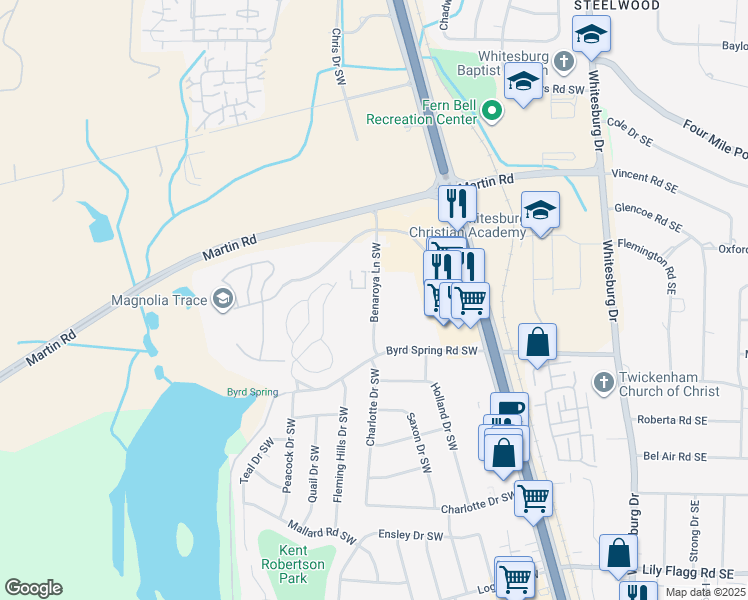 map of restaurants, bars, coffee shops, grocery stores, and more near 7798 Benaroya Lane Southwest in Huntsville