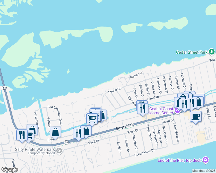 map of restaurants, bars, coffee shops, grocery stores, and more near 8630 Sound Drive in Emerald Isle