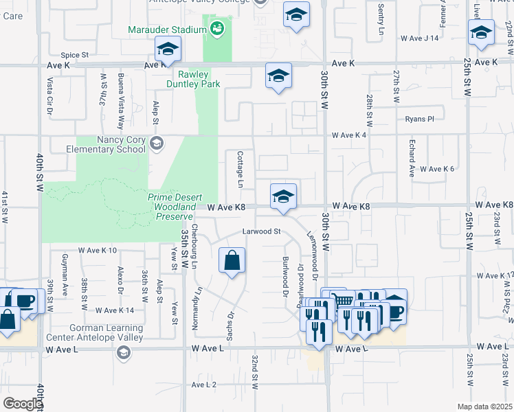 map of restaurants, bars, coffee shops, grocery stores, and more near West Avenue K8 in Del Sur