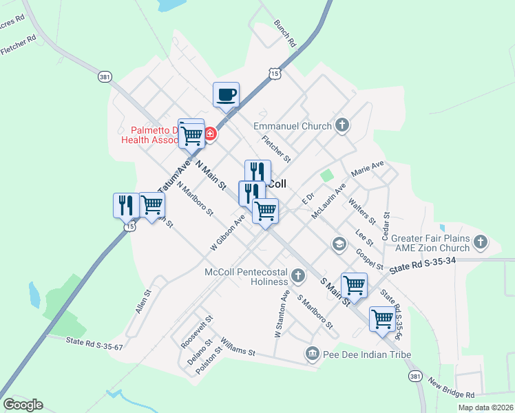 map of restaurants, bars, coffee shops, grocery stores, and more near 201-217 North Main Street in McColl