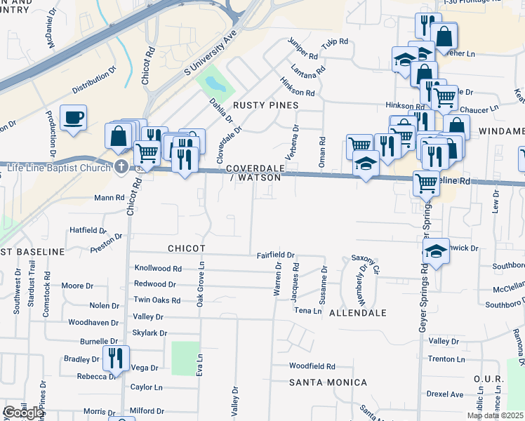 map of restaurants, bars, coffee shops, grocery stores, and more near 8901 Dailey Drive in Little Rock