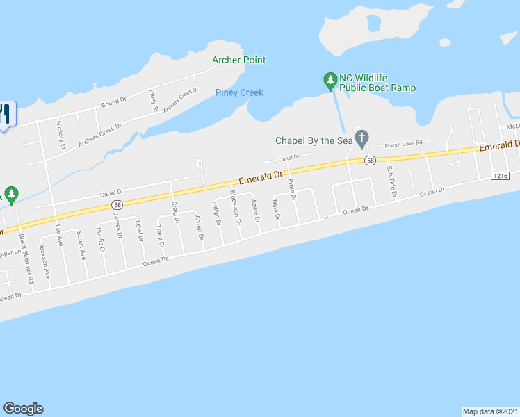 map of restaurants, bars, coffee shops, grocery stores, and more near 108 Azure Drive in Emerald Isle