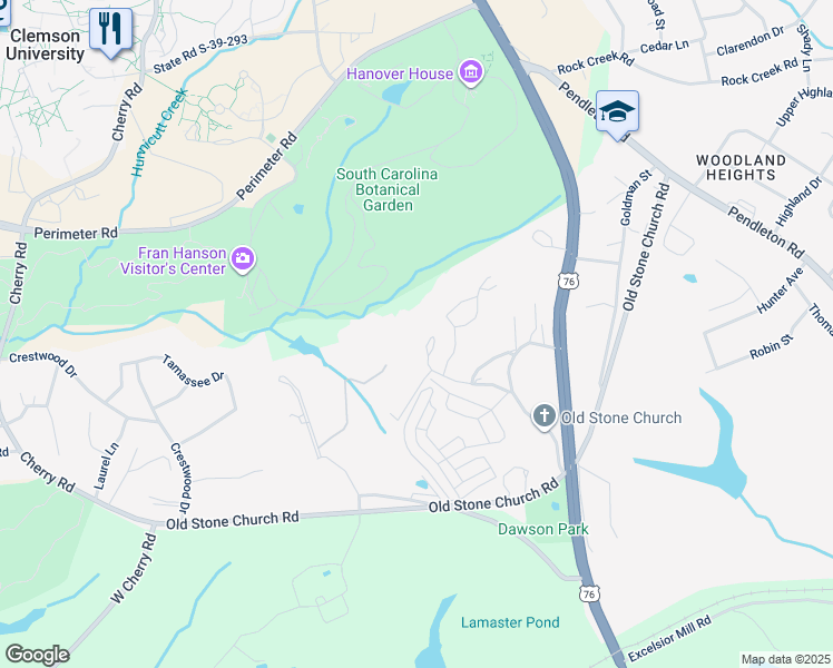 map of restaurants, bars, coffee shops, grocery stores, and more near 206 Ligon Street in Clemson