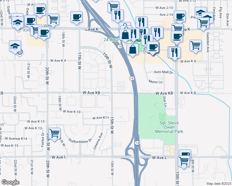 map of restaurants, bars, coffee shops, grocery stores, and more near 1530 West Avenue K-8 in Lancaster