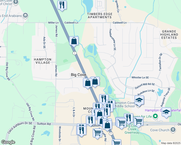 map of restaurants, bars, coffee shops, grocery stores, and more near 6379 U.S. 431 in Owens Cross Roads