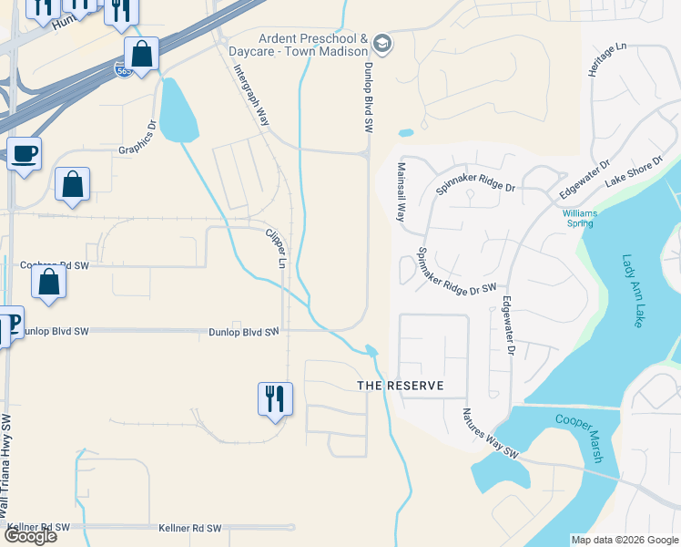 map of restaurants, bars, coffee shops, grocery stores, and more near 679 Dunlop Boulevard Southwest in Huntsville