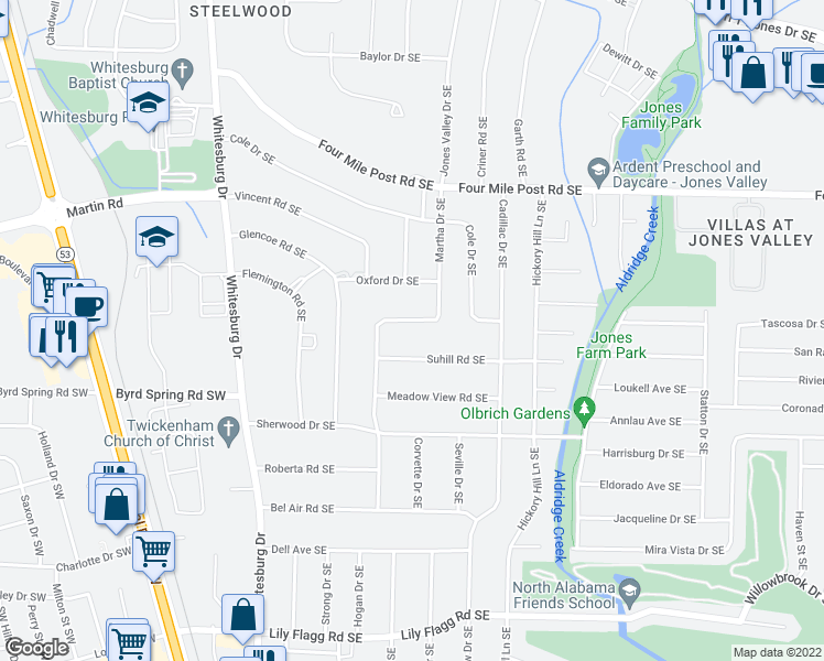 map of restaurants, bars, coffee shops, grocery stores, and more near 7613 Martha Drive Southeast in Huntsville