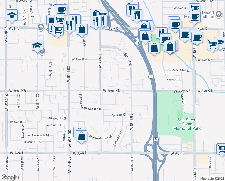 map of restaurants, bars, coffee shops, grocery stores, and more near 1622 West Avenue K-8 in Lancaster