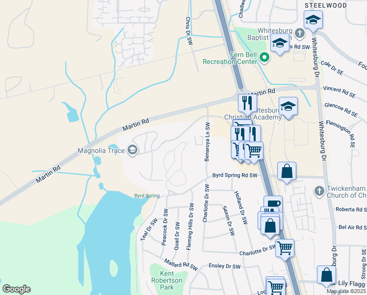 map of restaurants, bars, coffee shops, grocery stores, and more near 2117 Greenwood Place Southwest in Huntsville