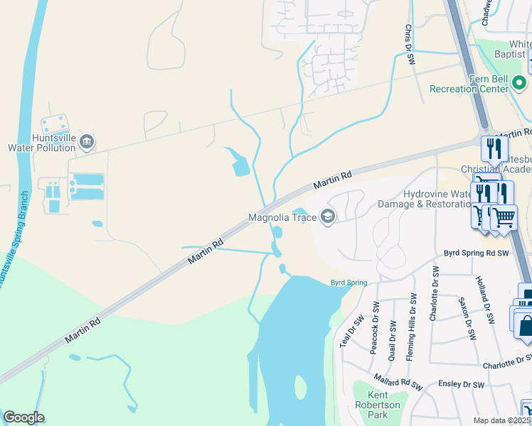 map of restaurants, bars, coffee shops, grocery stores, and more near Martin Rd in Huntsville