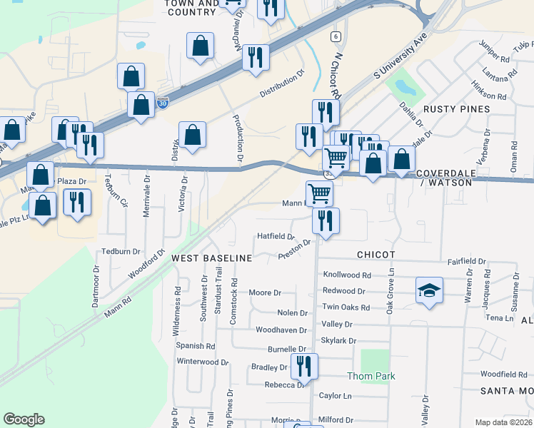 map of restaurants, bars, coffee shops, grocery stores, and more near 9001 Mann Road in Little Rock