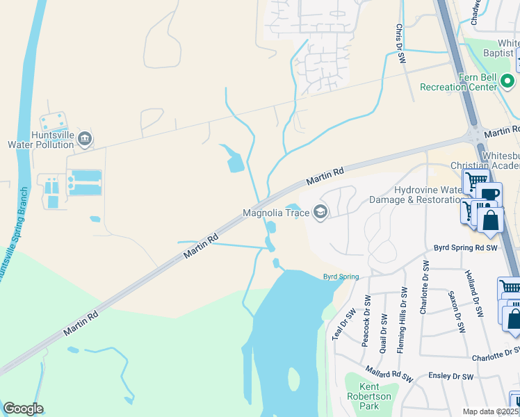 map of restaurants, bars, coffee shops, grocery stores, and more near Martin Road in Huntsville