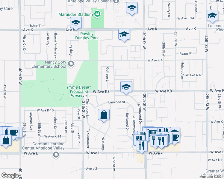 map of restaurants, bars, coffee shops, grocery stores, and more near 43203 32nd Street West in Lancaster