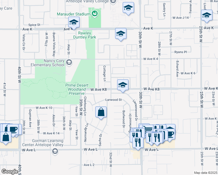 map of restaurants, bars, coffee shops, grocery stores, and more near 43203 32nd Street West in Lancaster