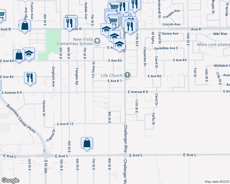 map of restaurants, bars, coffee shops, grocery stores, and more near 26 East Avenue K 8 in Lancaster