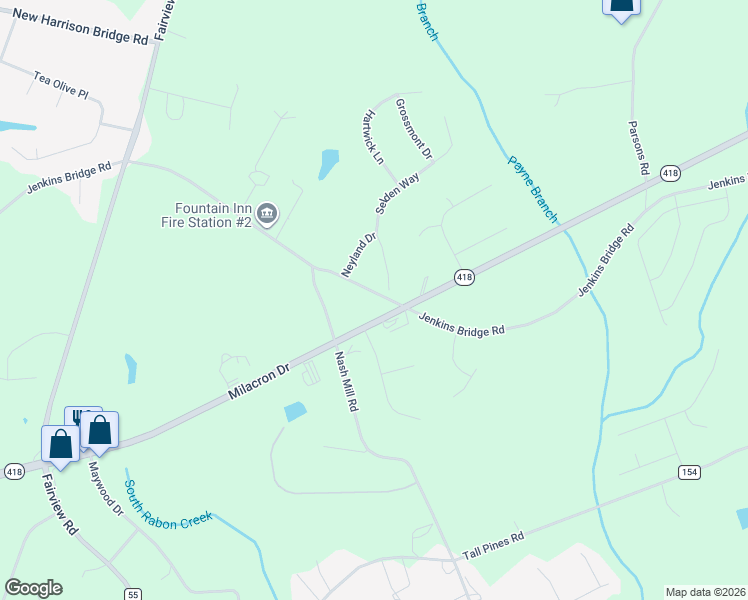 map of restaurants, bars, coffee shops, grocery stores, and more near 303 Jenkins Bridge Road in Fountain Inn