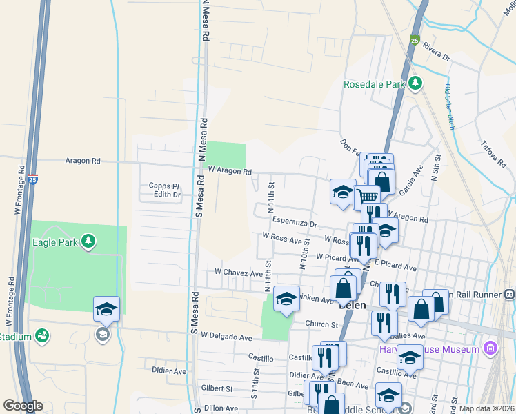 map of restaurants, bars, coffee shops, grocery stores, and more near 1104 Santa Anita Drive in Belen