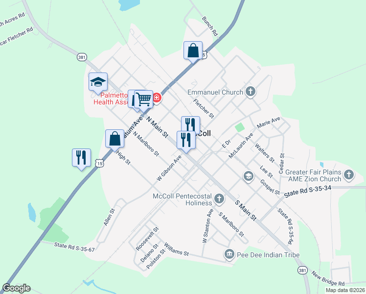 map of restaurants, bars, coffee shops, grocery stores, and more near 201 North Main Street in McColl
