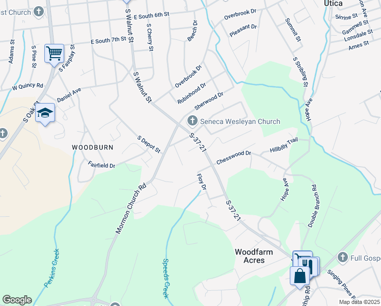 map of restaurants, bars, coffee shops, grocery stores, and more near 115 North Cleveland Drive in Seneca