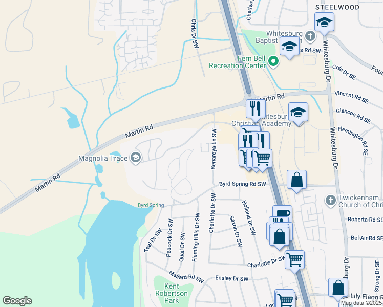 map of restaurants, bars, coffee shops, grocery stores, and more near 2007 Reaches Place Southwest in Huntsville