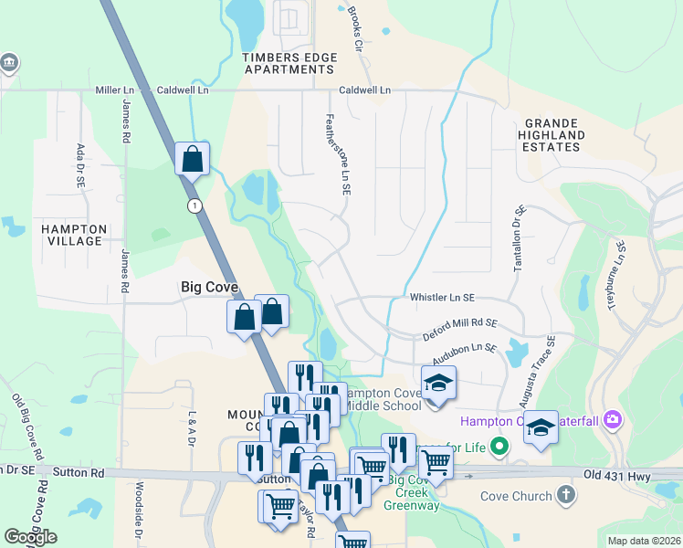 map of restaurants, bars, coffee shops, grocery stores, and more near 2704 Deford Mill Road Southeast in Owens Cross Roads