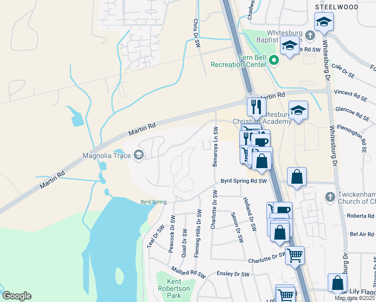 map of restaurants, bars, coffee shops, grocery stores, and more near 2090 Greenwood Place Southwest in Huntsville