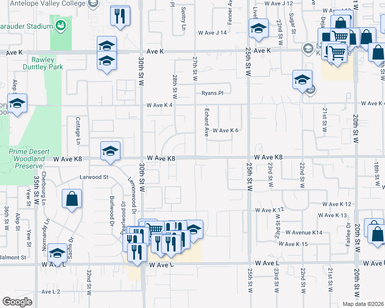 map of restaurants, bars, coffee shops, grocery stores, and more near 43203 27th Street West in Lancaster