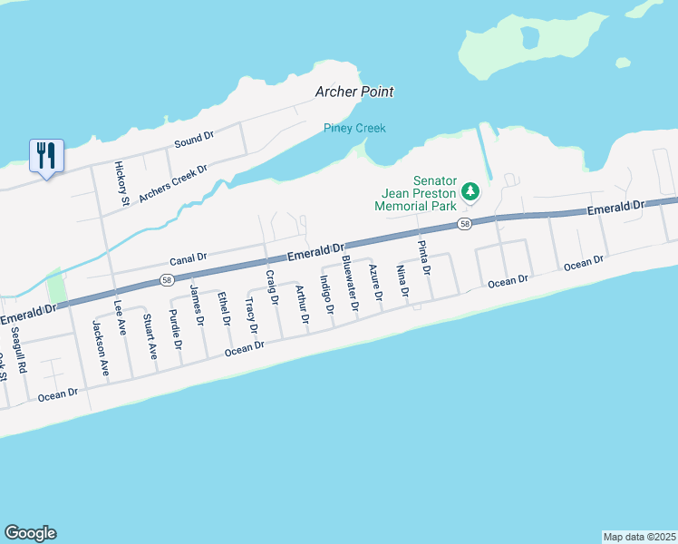 map of restaurants, bars, coffee shops, grocery stores, and more near 116 Indigo Drive in Emerald Isle