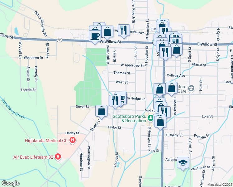 map of restaurants, bars, coffee shops, grocery stores, and more near 407 West Charlotte Avenue in Scottsboro