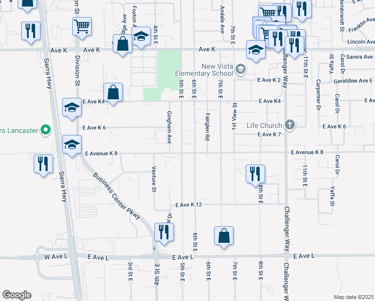 map of restaurants, bars, coffee shops, grocery stores, and more near 519 East Avenue K 8 in Lancaster