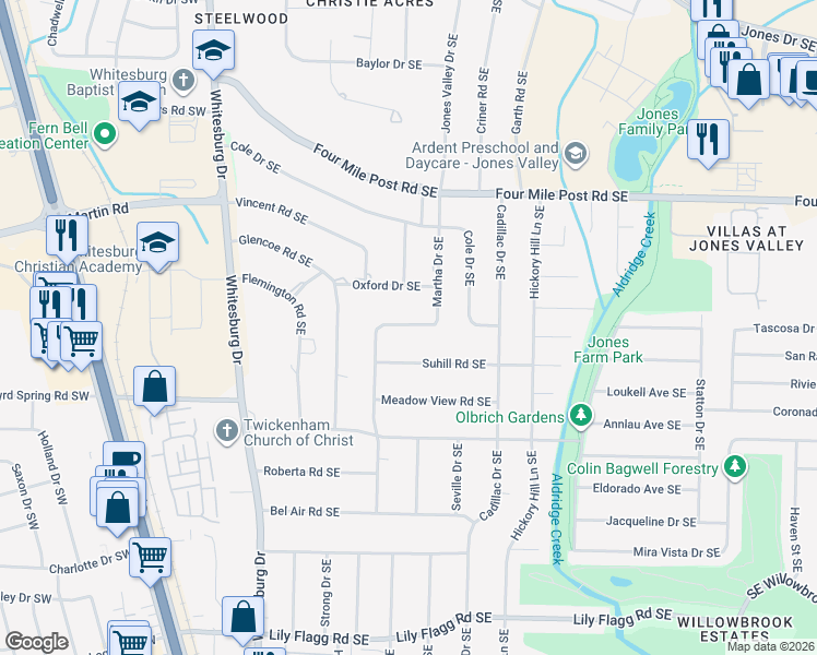 map of restaurants, bars, coffee shops, grocery stores, and more near in Huntsville