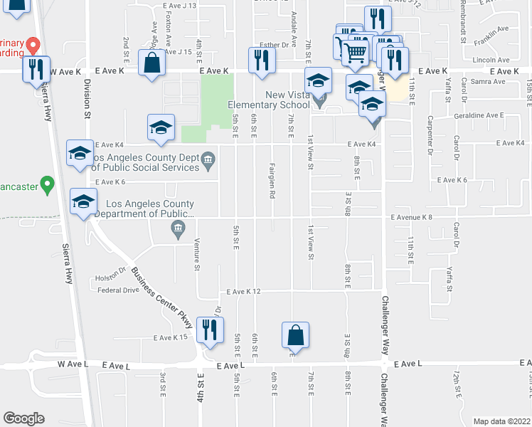map of restaurants, bars, coffee shops, grocery stores, and more near 619 East Avenue K 8 in Lancaster