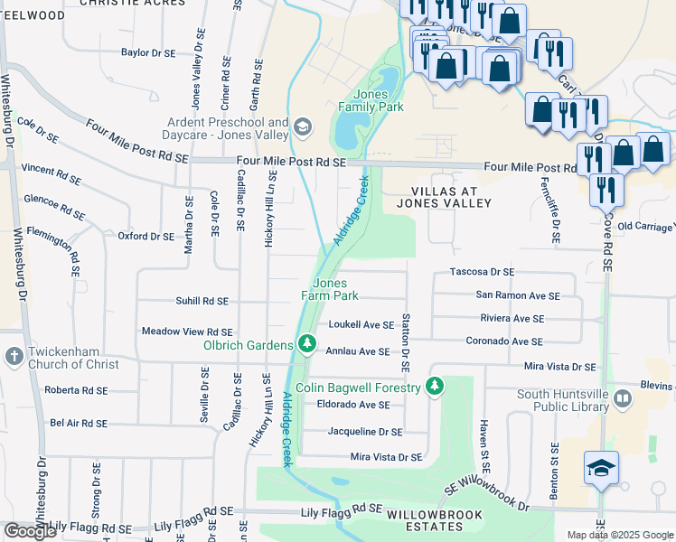 map of restaurants, bars, coffee shops, grocery stores, and more near 800 Olivia Avenue Southeast in Huntsville